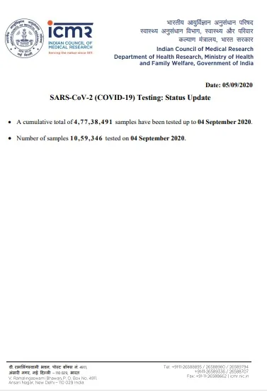 INDIA CORONAVIRUS SAMPLES TESTED ICMR 